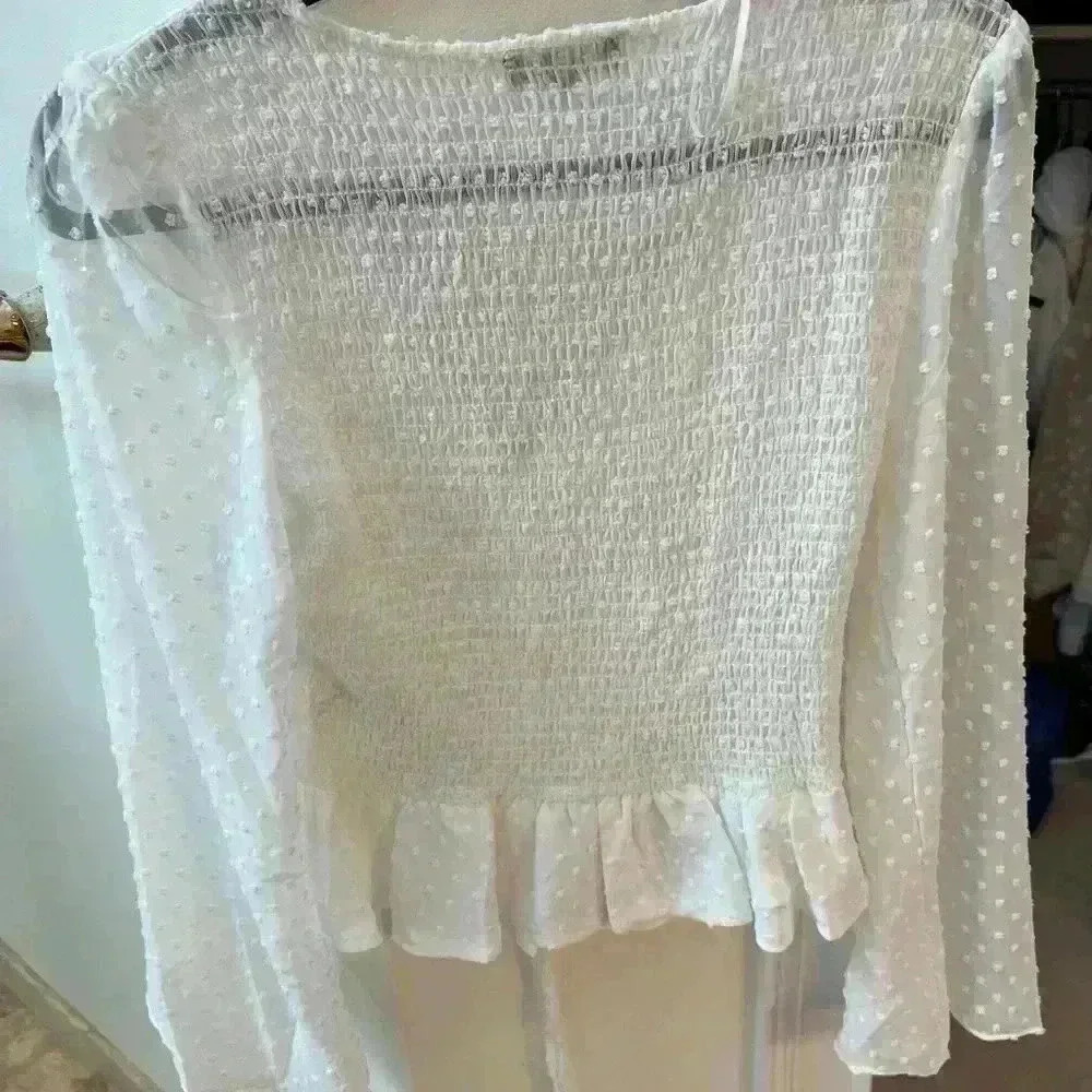 1. State Gorgeous white chiffon peplum v-neck bell long sleeves blouse top s - Picture 3 of 3